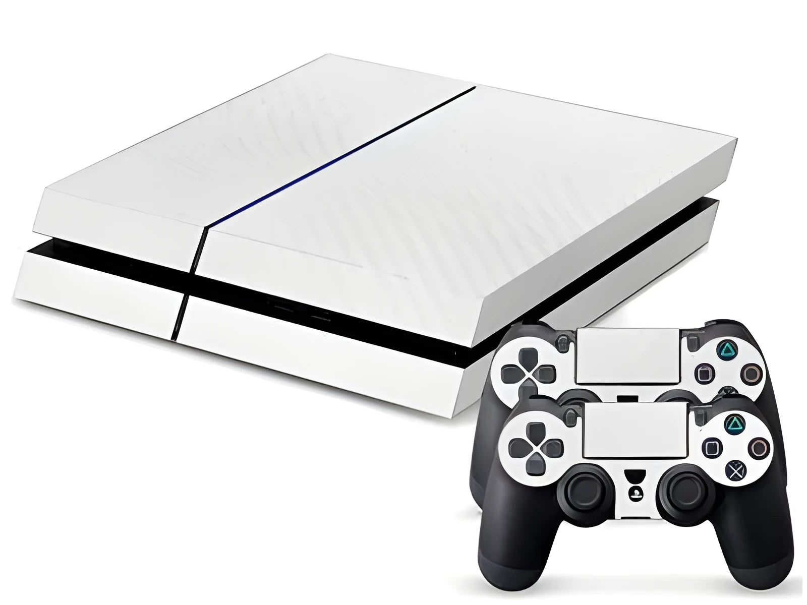 Black carbon fibre vinyl skin sticker for PlayStation 4 console on a white background.