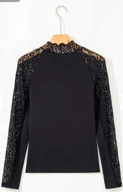 Black leopard print mesh stitching knitted long-sleeved top for women