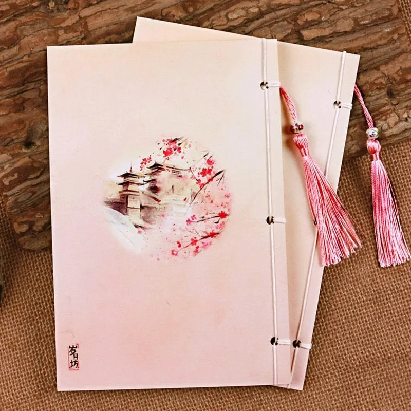 Watercolour retro Chinese style line-bound notebook with exposed ancient thread binding in Azalea colour
