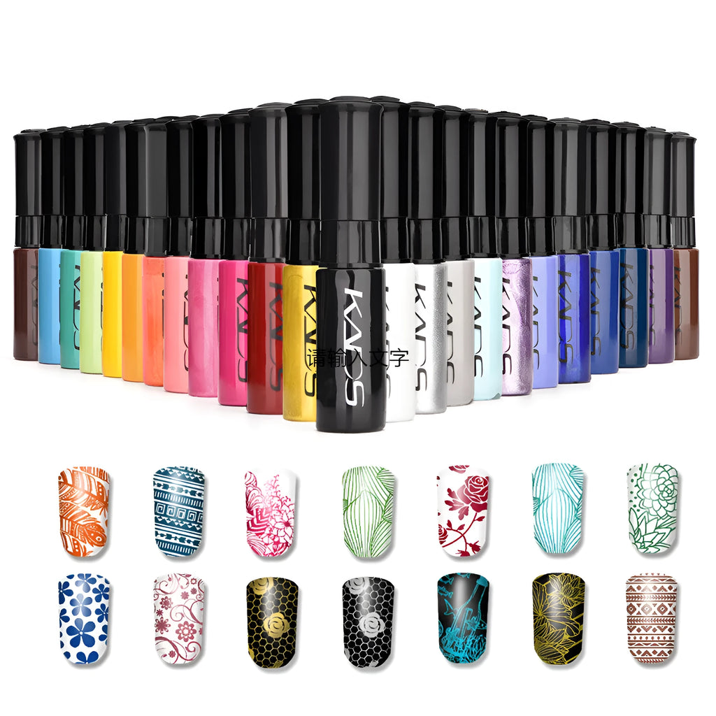 7ml bottle of colour print nail polish in standard finish with multiple colour options including black, blue, gold, and pink