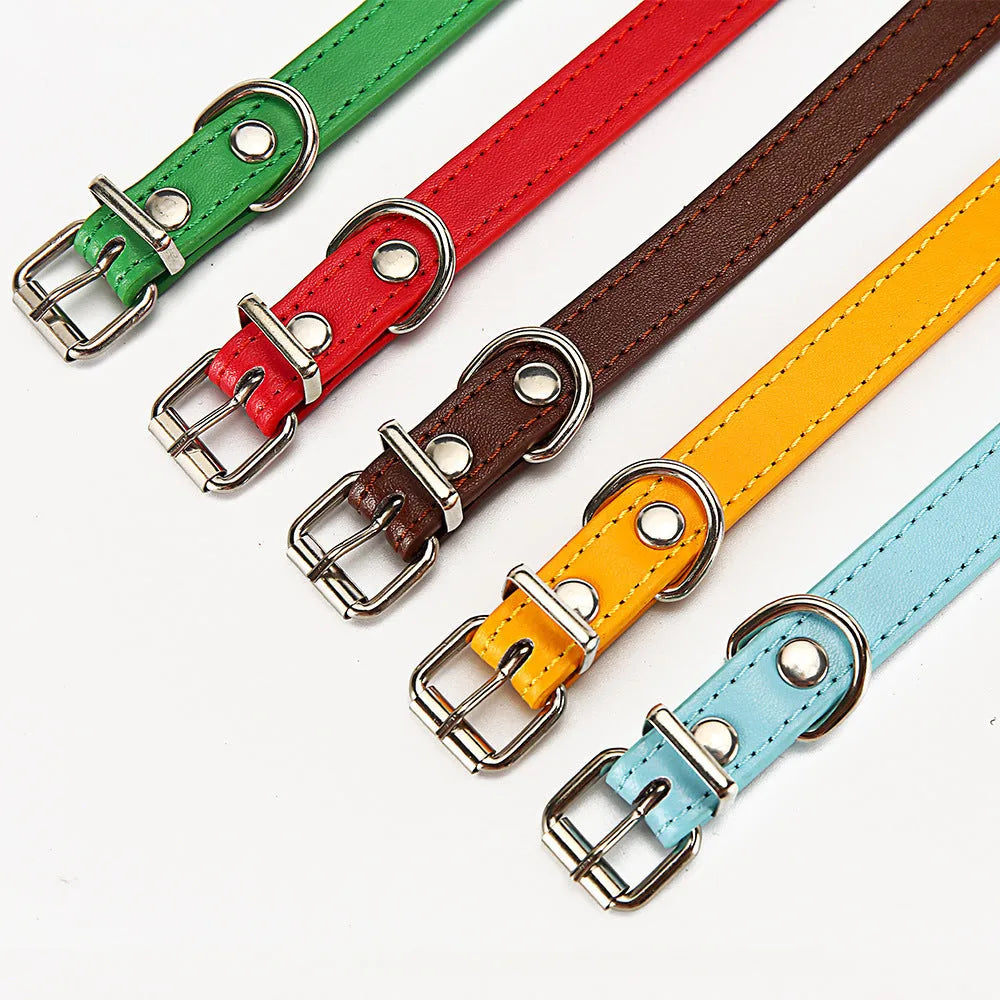 PU leather dog collar in Coffee colour, S size 1.0x30cm, with metal buckle on white background