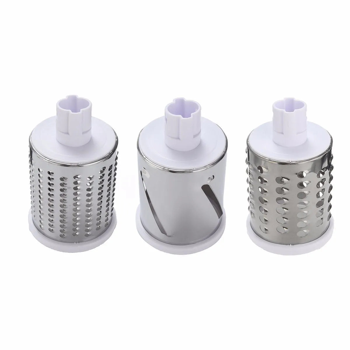 Round mandoline vegetable slicer with three stainless steel blades and suction cup base