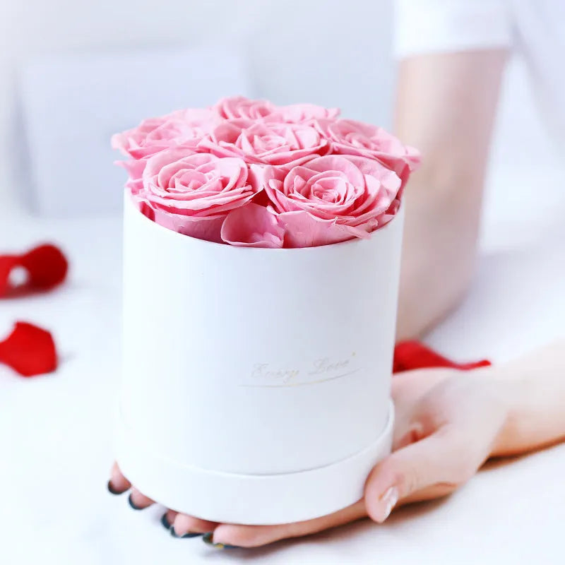 Handmade everlasting rose in Hug Bucket, colour White+Red, with 12 flowers