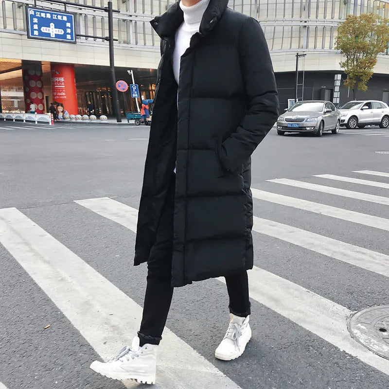 Long cotton-padded jacket in black with stand-up collar, over-knee length, casual winter coat for women
