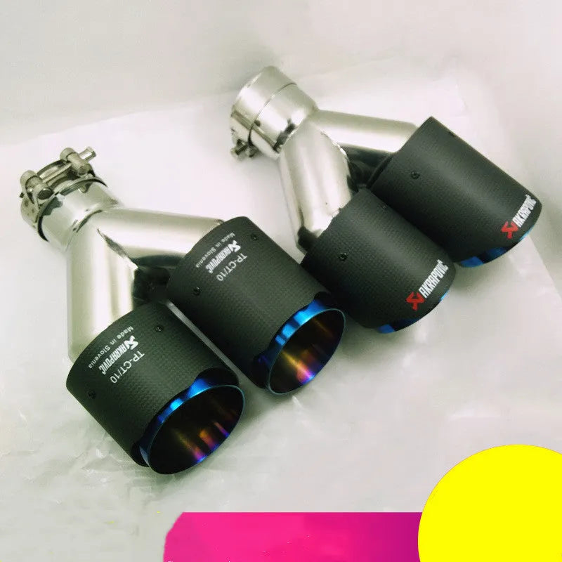 Universal carbon fiber double outlet blue mouth modified exhaust tail throat in black with 180mm diameter