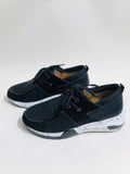 Women's casual suede sneakers with a wedge heel in black, leopard, pink, and snake pattern colours.
