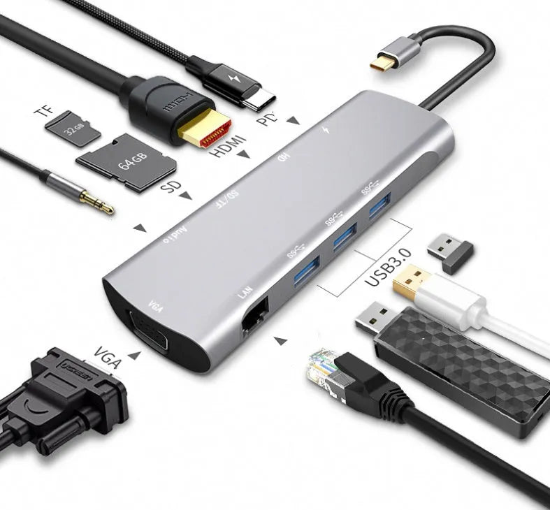 Grey aluminium USB C docking station with HDMI, VGA, and USB ports.