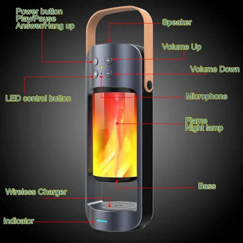 Blue Alpha Flame portable Bluetooth speaker with dancing light effect and wireless charging capability