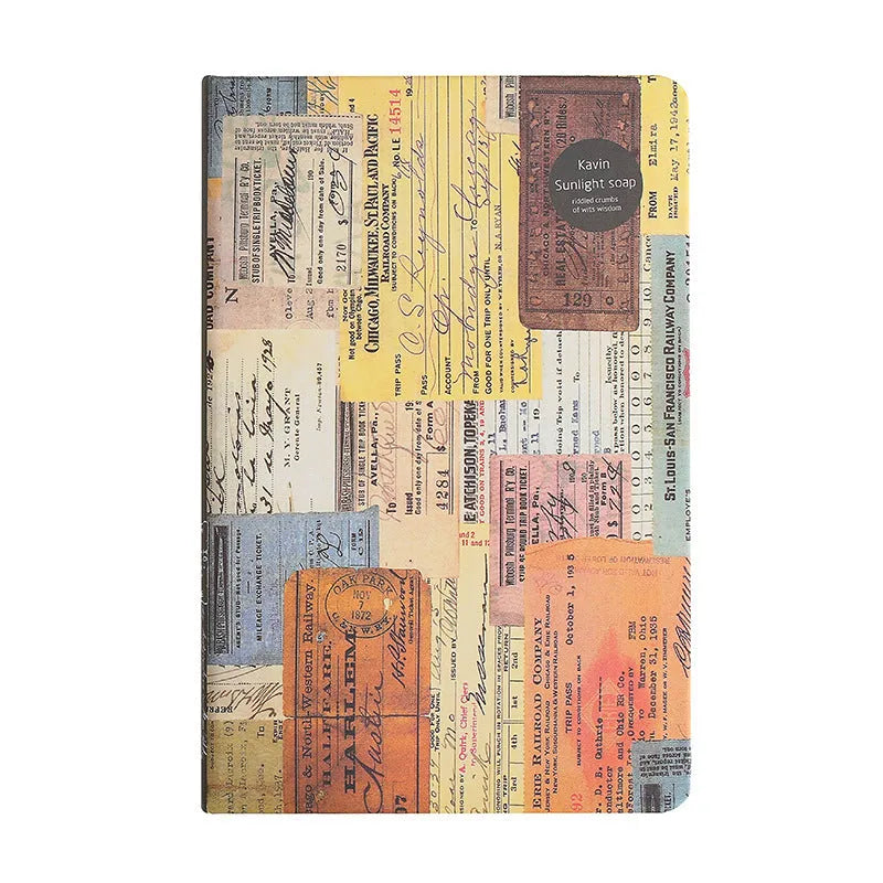 A5 kraft paper mood notebook open on a page, showing its European retro style and colour options of blue, coffee, and red.