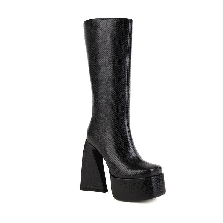 Women's black high boots with artificial PU leather upper, casual style