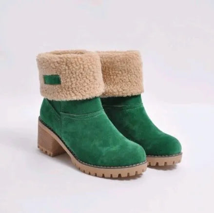 Women's mid-calf suede snow boots in black with a thick low heel and waterproof platform.