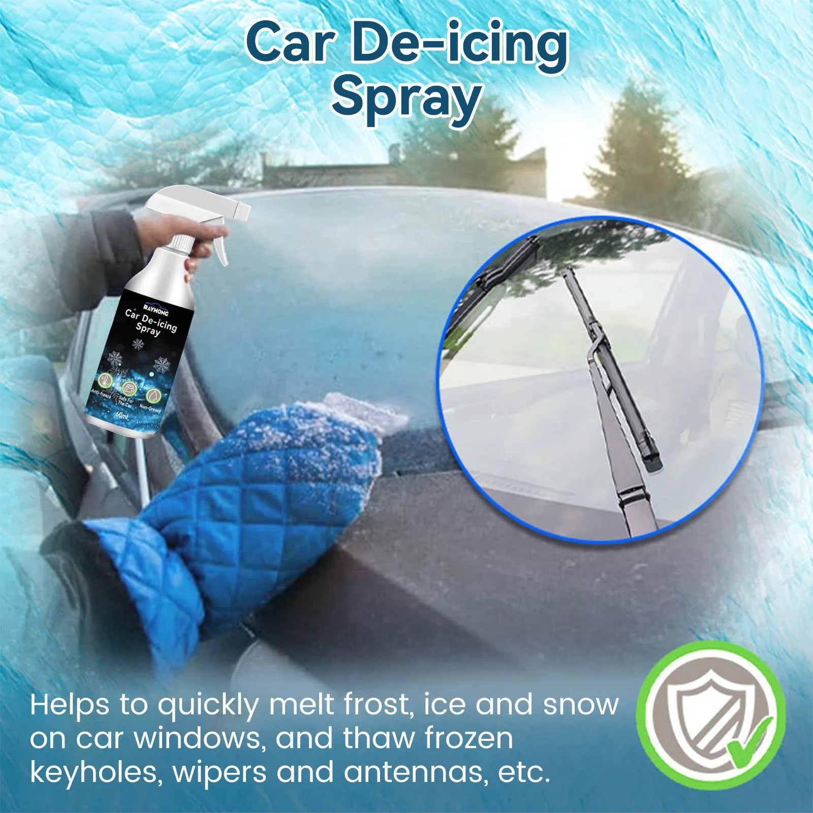 60ml car window de-icing spray bottle with snowflake icon, dimensions 13.8cm by 9.3cm.