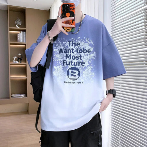 Boys blue Jacquard print letters T-shirt with drop-shoulder short sleeves