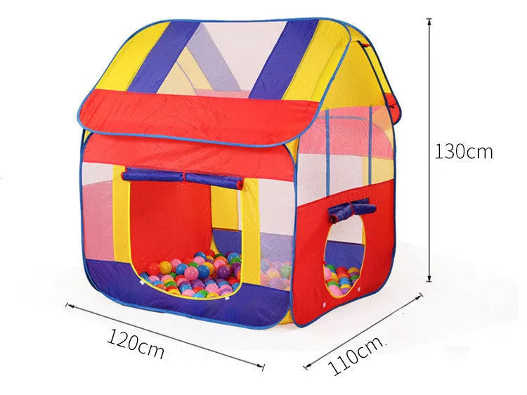 Large blue children's outdoor play tent with roll-up mosquito net curtains in garden setting