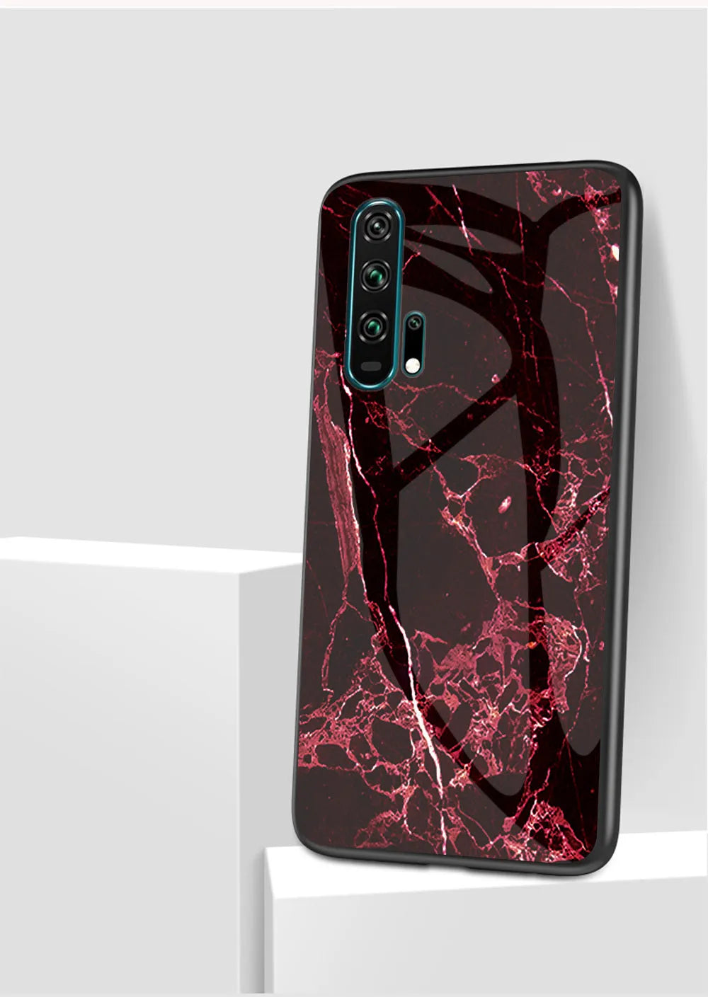 Honor 20 Pro mobile phone in a black marble tempered glass case with silicone bumper
