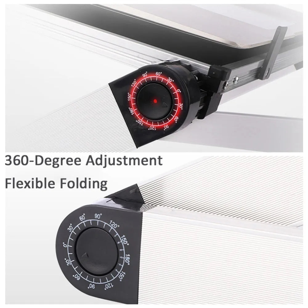 Foldable laptop stand in black and white, 360 degree adjustable angle, on a desk with laptop