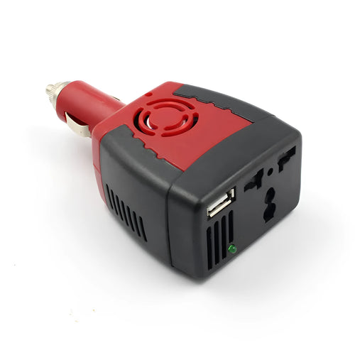 Black and red 150W car inverter converting 12V DC to 110V AC with USB port