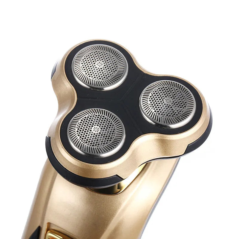 Electric shaver machine three-head floating razor with accessories on blue background