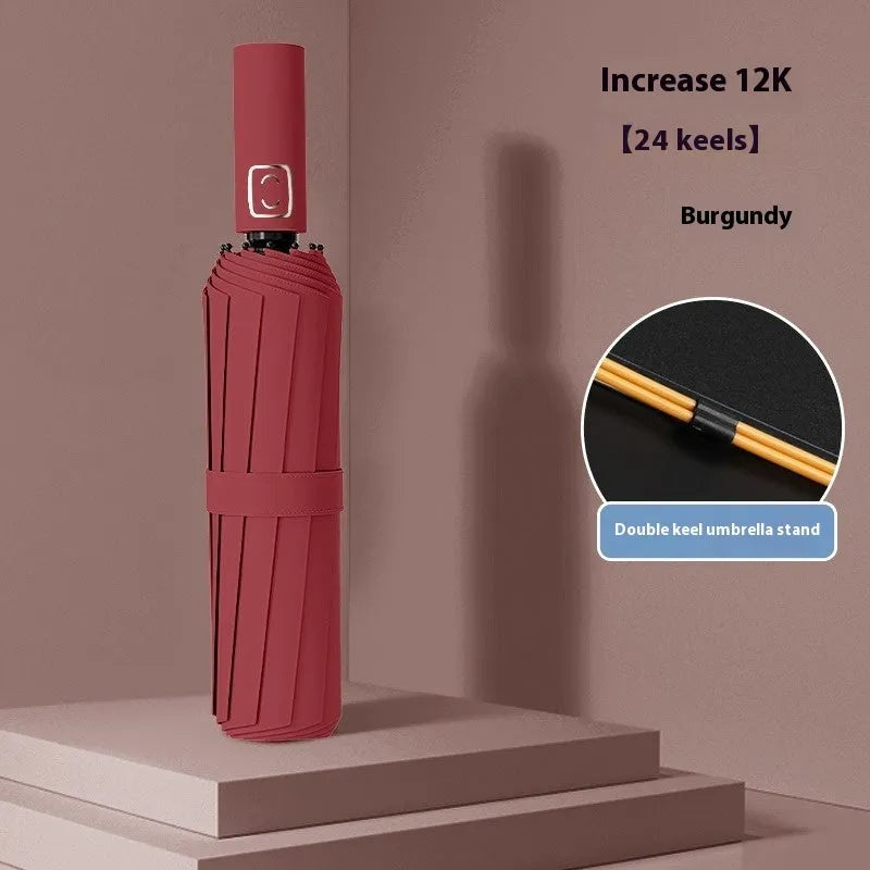 Plus-sized triple folding umbrella in a modern simplicity style with a plastic handle, shown in a folded state.