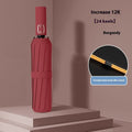Plus-sized triple folding umbrella in a modern simplicity style with a plastic handle, shown in a folded state.