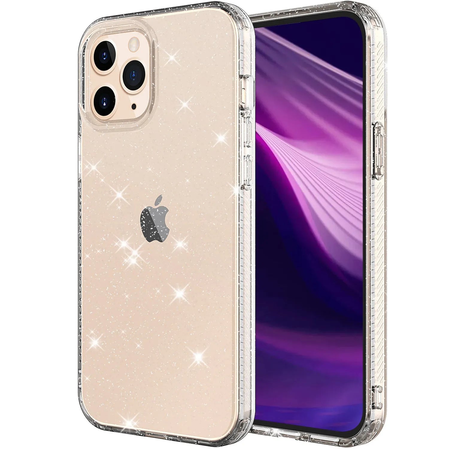 Glitter transparent TPU phone case for iPhone 12 Pro Max in pink, black, purple, and clear colours.