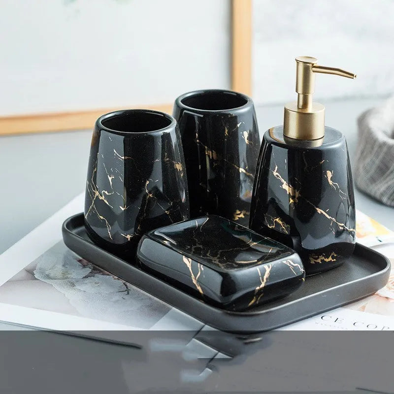 Ceramic bathroom wash set with decal decoration in black, blue and white colour options