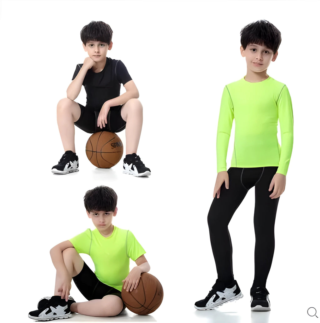 Kids sportswear set including t-shirts, shorts, and trousers in polyester spandex fabric