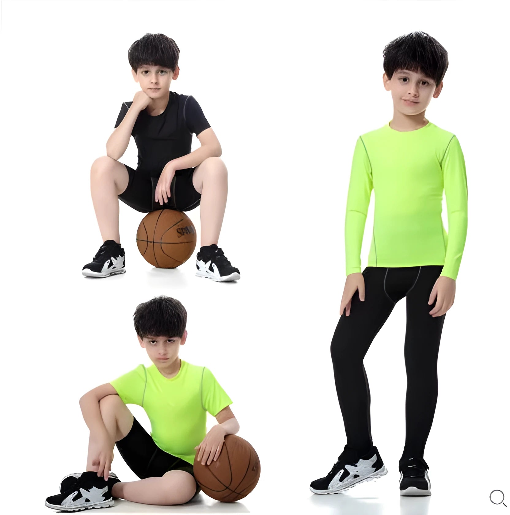 Kids sportswear set including t-shirts, shorts, and trousers in polyester spandex fabric