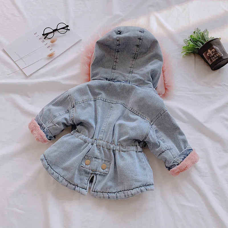 Girl's blue denim coat with an attached hood and plus velvet lining, shown on a hanger.