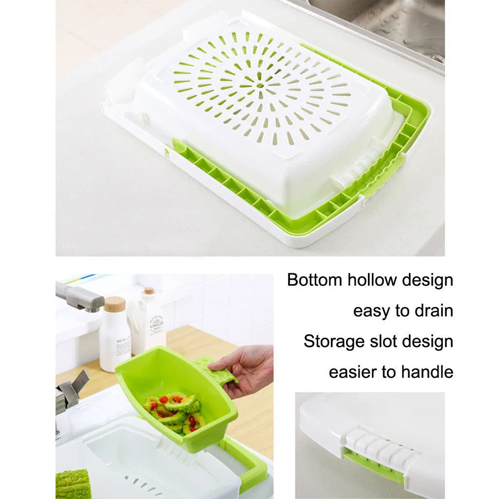 Green multi-function kitchen cutting board with integrated draining basket mounted on sink
