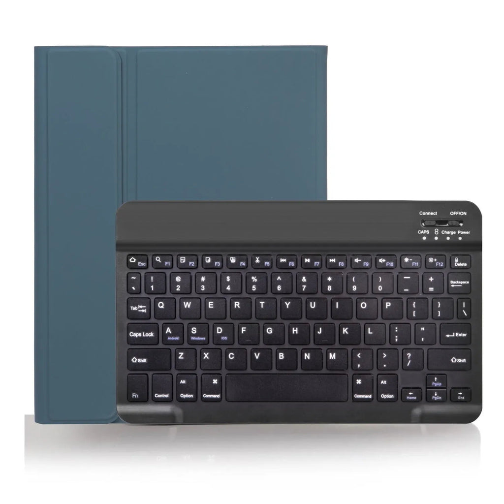 Bluetooth keyboard stored inside its matching leather case in a choice of four colour options.