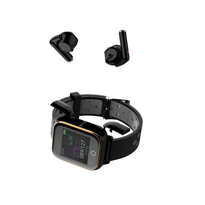 Black smartwatch bracelet with integrated Bluetooth earbuds stored in the side, showing 1.4-inch display