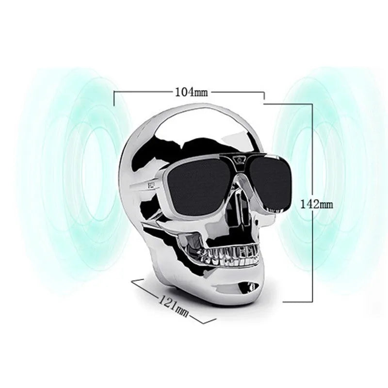 Skull-themed portable wireless Bluetooth speaker in multiple colours with a 10-hour battery.