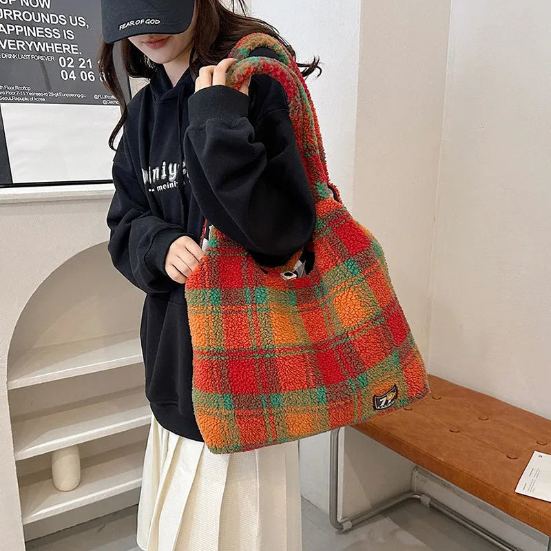 Army Green plaid plush women's large shoulder tote bag showing front view and zipper compartment.