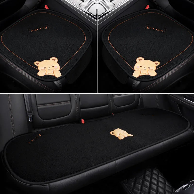 Car cushion winter plush three-piece set with square cushion and lumbar support pillow in trendy bear design