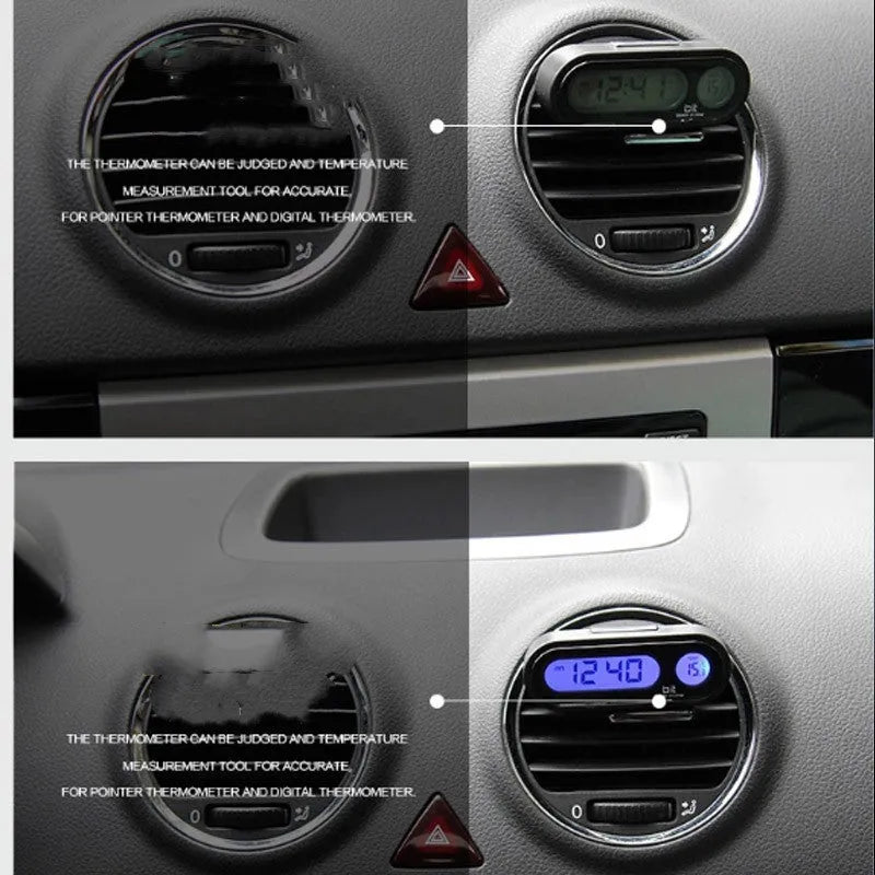Black electronic car clock and thermometer with luminous digital display on an adjustable dashboard mount.