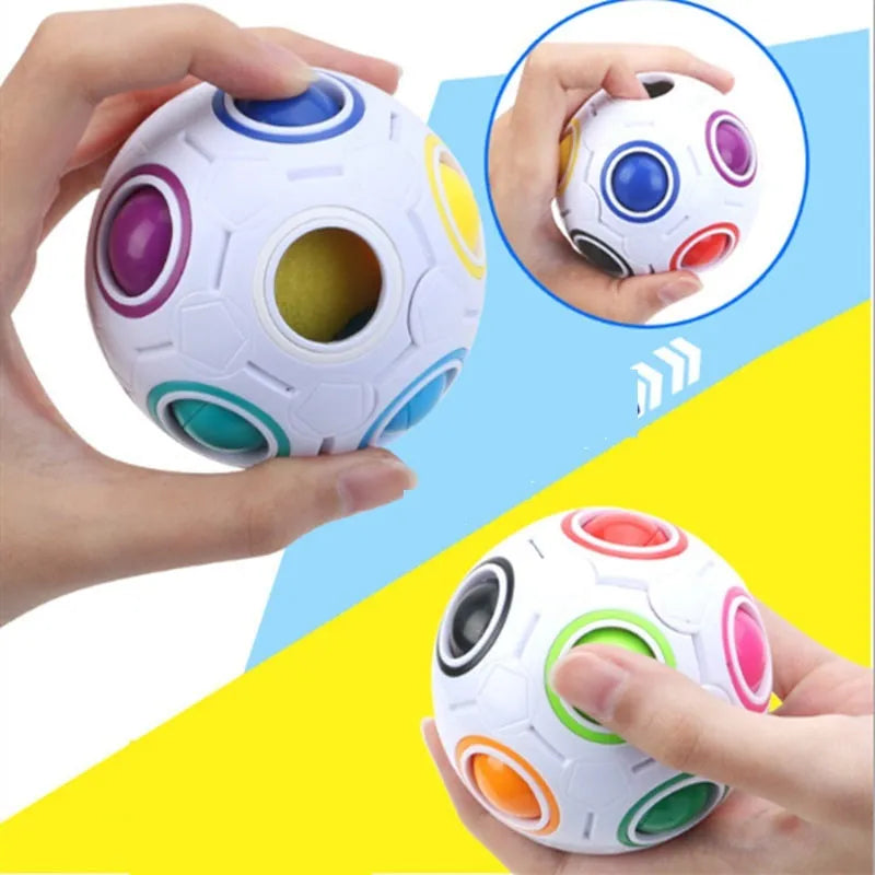 Multicoloured hexagon plastic puzzle ball with visible internal coloured balls, 7cm in diameter.