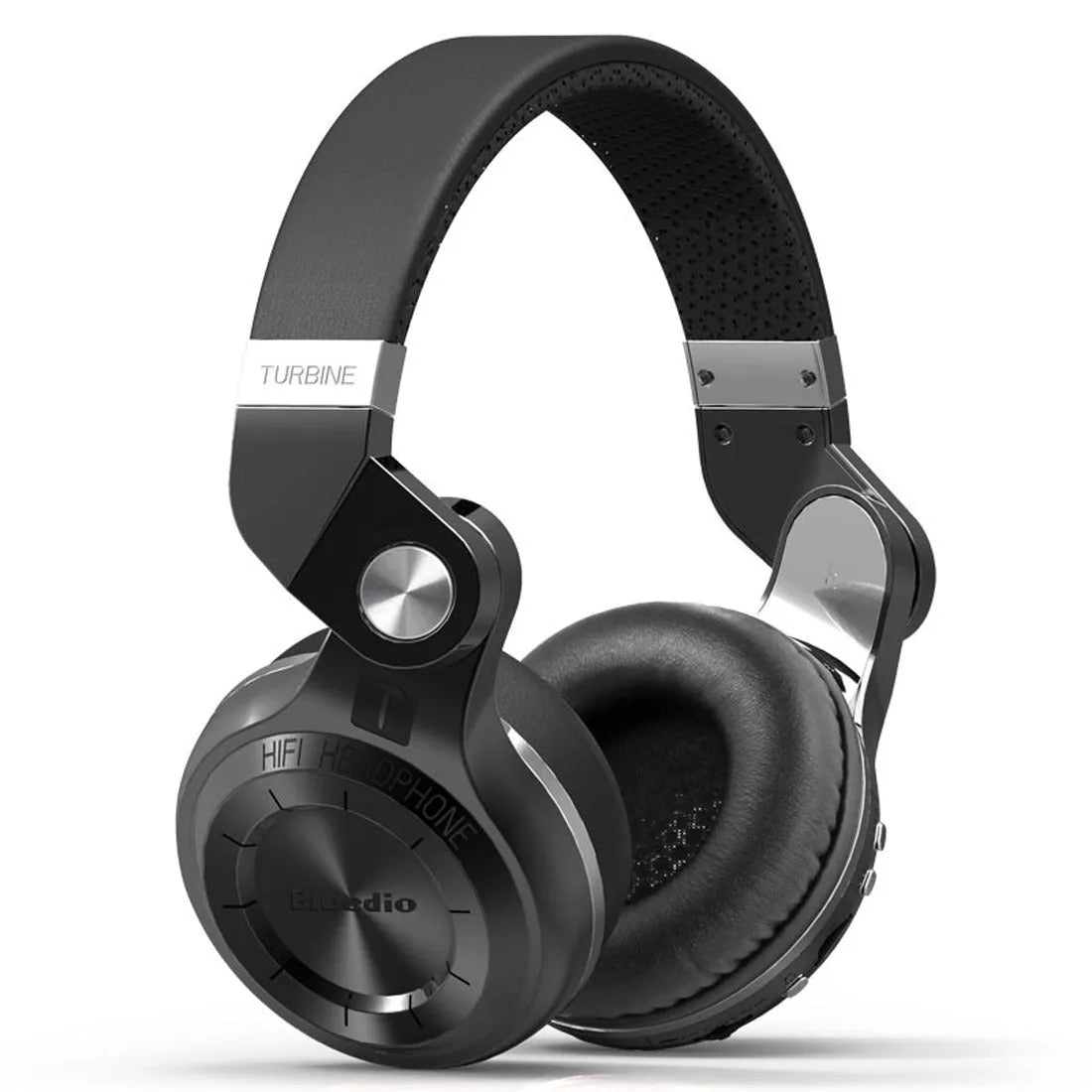Black Bluetooth over-ear headset with an in-line subwoofer unit on the cable.