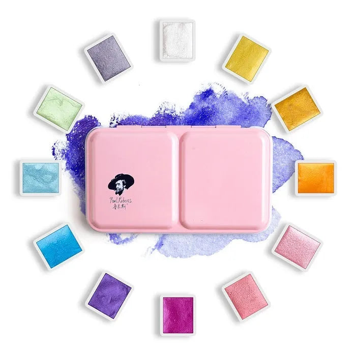 Solid watercolour paint palette with pearl finish pans, shown in 12-colour and 24-colour set options.