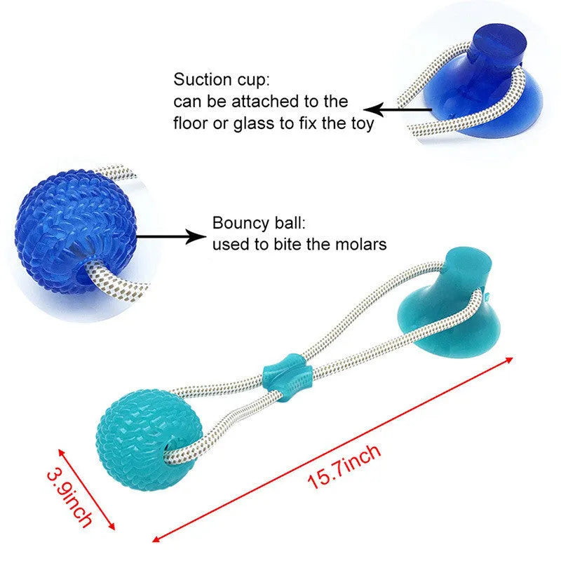 Pet dog rubber sucker molar toy in five colours blue green orange purple red on a light background