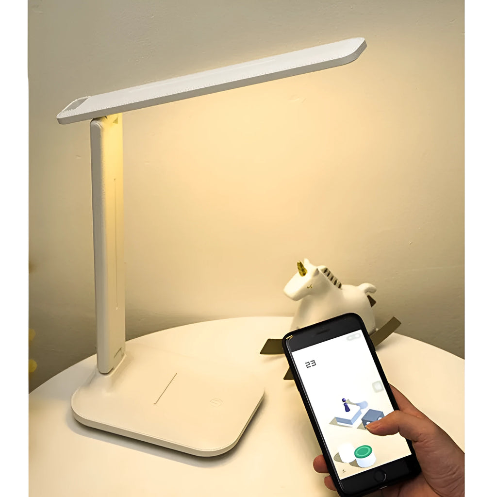White USB rechargeable bedside lamp with touch dimming controls for children's bedroom