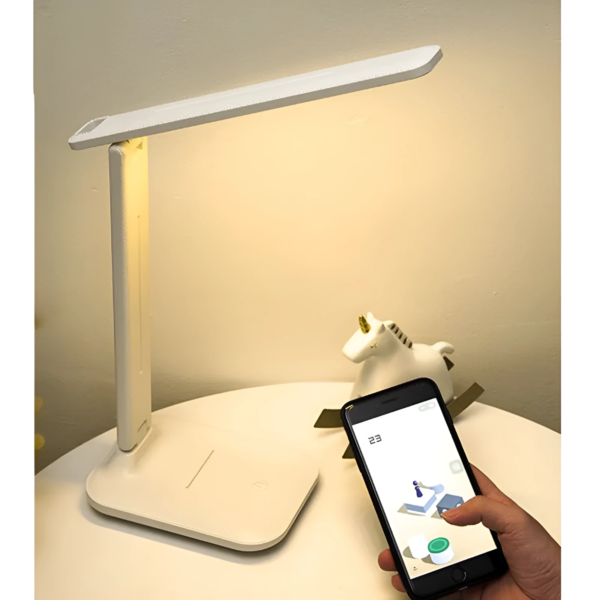 White USB rechargeable bedside lamp with touch dimming controls for children's bedroom