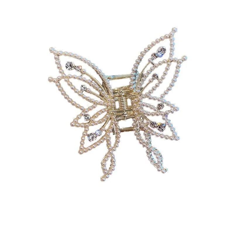 Butterfly-shaped alloy hair clip for women with rhinestone or pearl style decoration