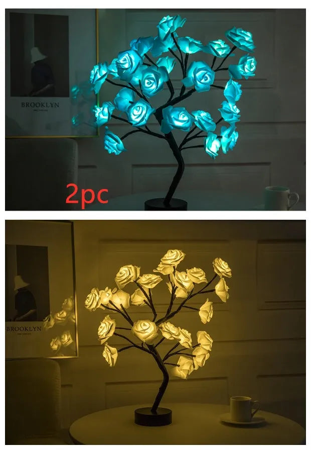 White and red rose flower LED table lamp with bonsai tree lights on a table.