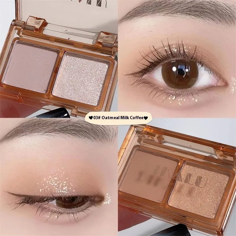 DIKALU two-tone eyeshadow compact showing pink and black shades with matte and shimmer finishes.