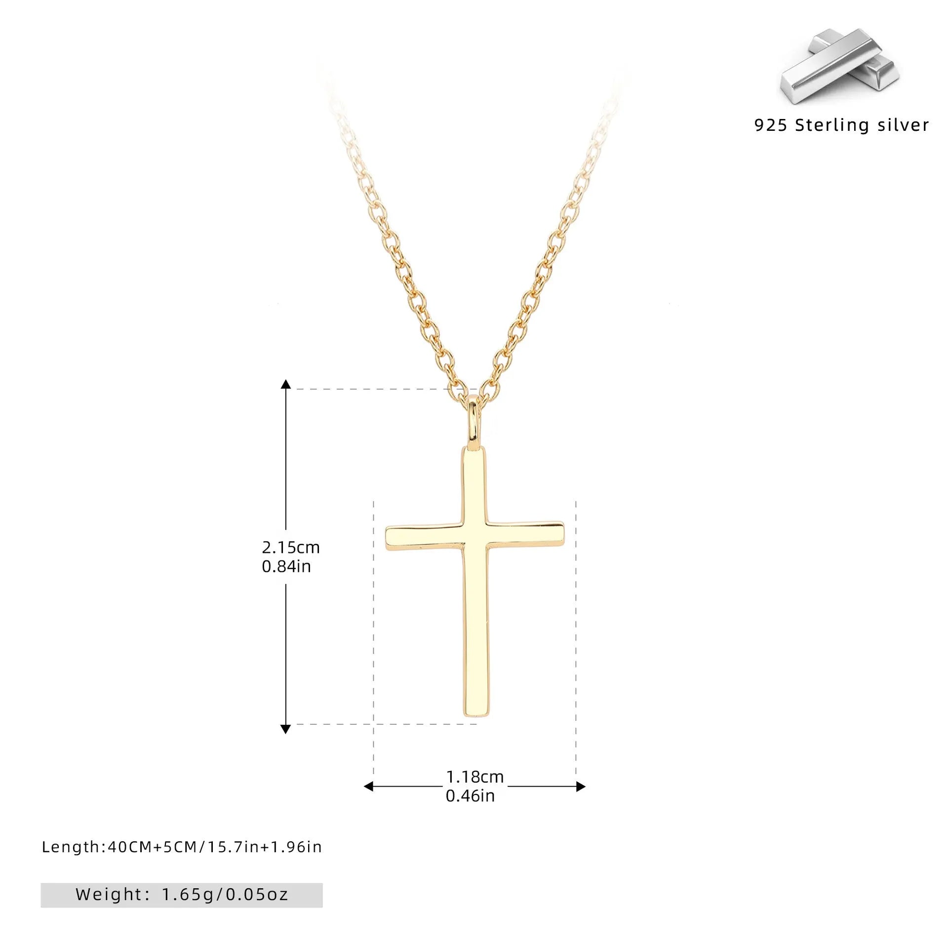 S925 sterling silver necklace with glossy cross pendant on O-shaped chain