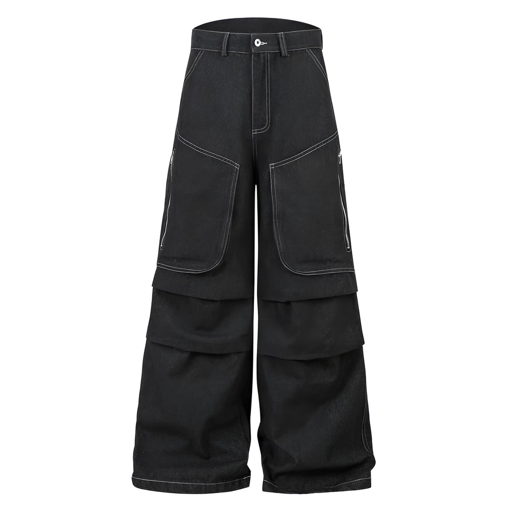Black multi-pocket pleated workwear jeans in cotton denim fabric