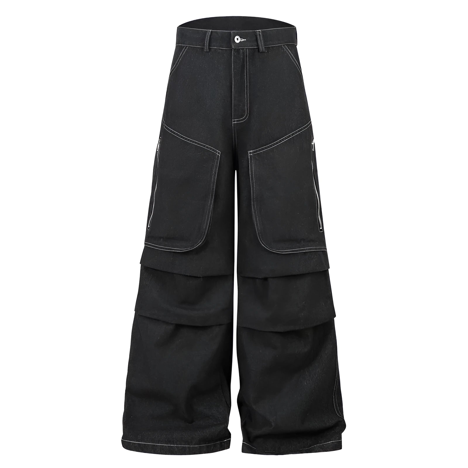 Black multi-pocket pleated workwear jeans in cotton denim fabric