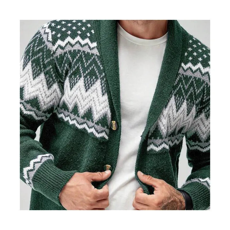 Solid colour long-sleeved knitted cardigan coat sweater in green, chemical fibre blend jacquard, front view