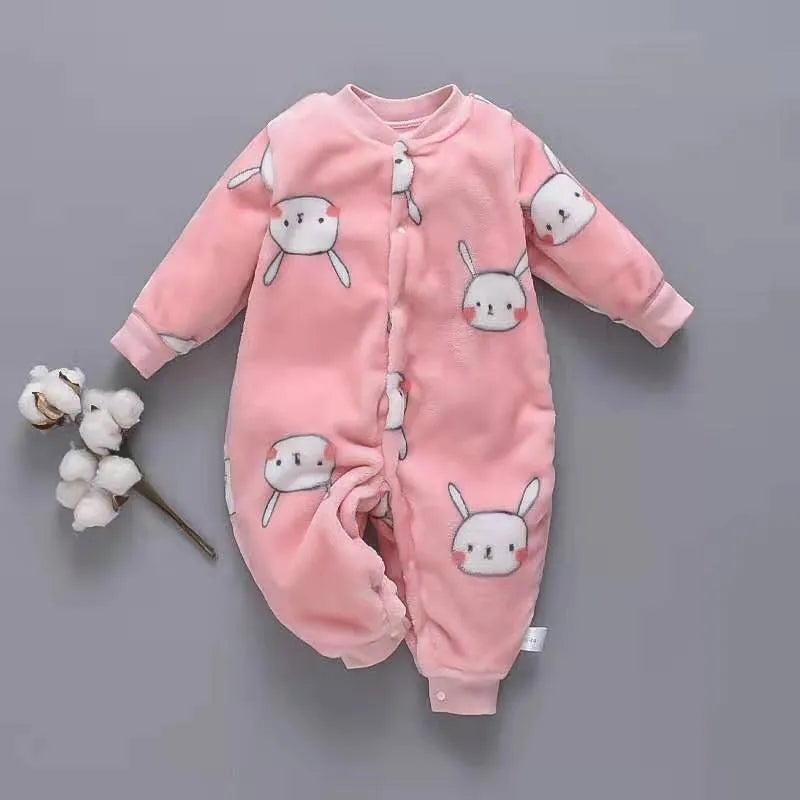 Baby wearing a long sleeve flannel romper with a panda print design
